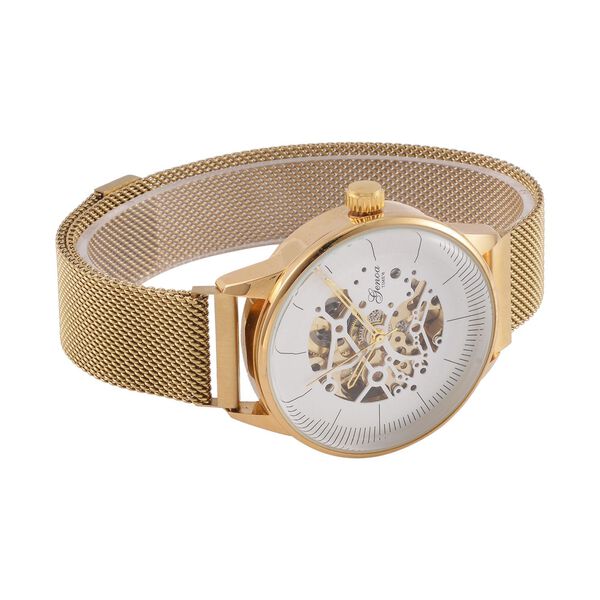 GENOA Automatik Mechanische Uhr mit Wei&szlig;em Sonnenschein-Hohlzifferblatt und Modernem Minimalistischem Runddesign, goldfarben image number 4