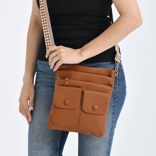 Umh&auml;ngetasche aus feinem Lederimitat mit mehreren Taschen, 120cm Trageriemen, 24x27cm, Braun image number 4