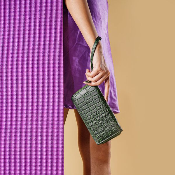RFID-geschützte Brieftasche aus 100% echtem Leder mit Kroko-Prägung und abnehmbarem Trageschlaufe, dunkel grün image number 3