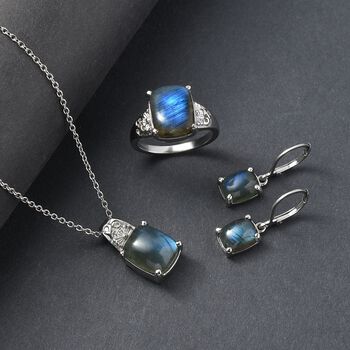 4er Set- AAA Labradorit Ohrringe, Anh&auml;nger mit Kette (ca. 50 cm) und Ring (Gr&ouml;&szlig;e 20.00), Schmuckset, Reiner Edelstahl ca. 15.00 ct