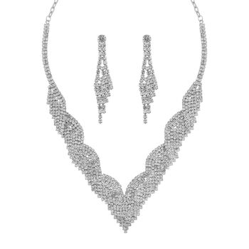 2er Set - Wei&szlig;er Kristall Halskette und Ohrringe Schmuckset, Messing