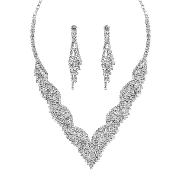 2er Set - Wei&szlig;er Kristall Halskette und Ohrringe Schmuckset, Messing