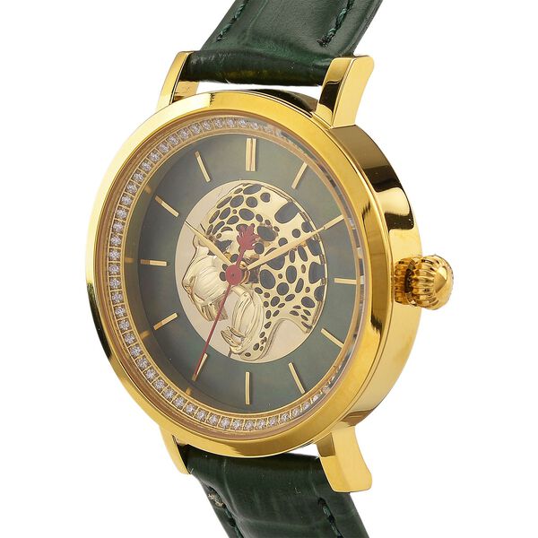 William Hunt Moissanite Uhr mit Schweizer Uhrwerk Ronda 763, grünem Echtlederarmband und goldfarbenem Panther-Zifferblatt 0.20 ct image number 4