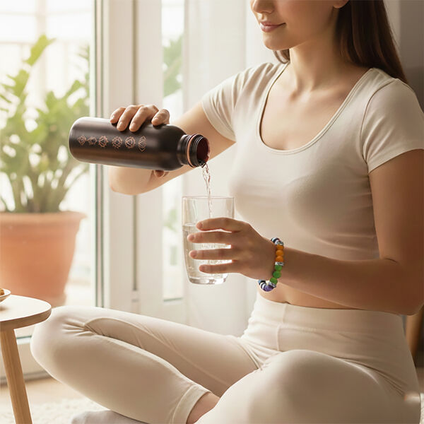 2er-Set - LIVMORE Kupfer-Trinkflasche mit 7-Chakra-Gravur (ca. 900 ml) und Armband mit Chakra-Perlen aus Edelsteinen - Schwarz image number 2