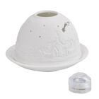 Tealight Candle Holder with LED light   Pattern:Silence night  Made in an unglazed white porcelain  Size:Dia10.5xH7.5CM LED Battery: 2*CR2032                    Weight:161g Color:white
