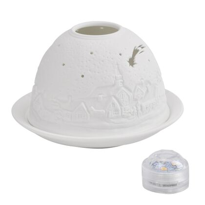 Tealight Candle Holder with LED light   Pattern:Silence night  Made in an unglazed white porcelain  Size:Dia10.5xH7.5CM LED Battery: 2*CR2032                    Weight:161g Color:white