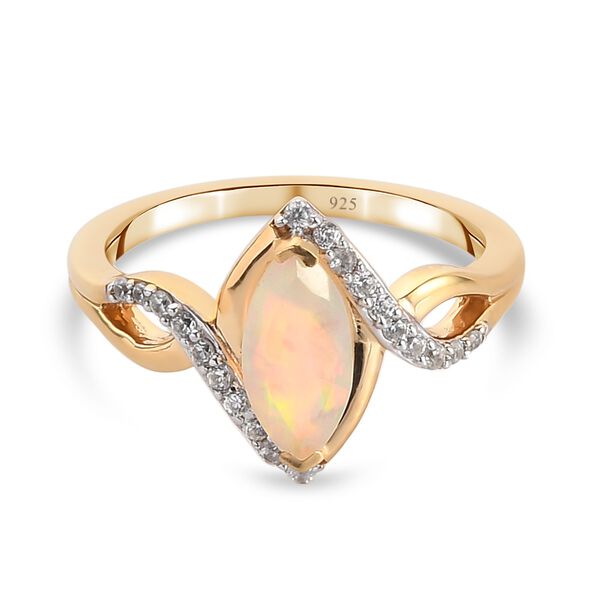 Nat&uuml;rlicher &Auml;thiopischer Opal und Zirkon Ring 925 Silber 585 vergoldet