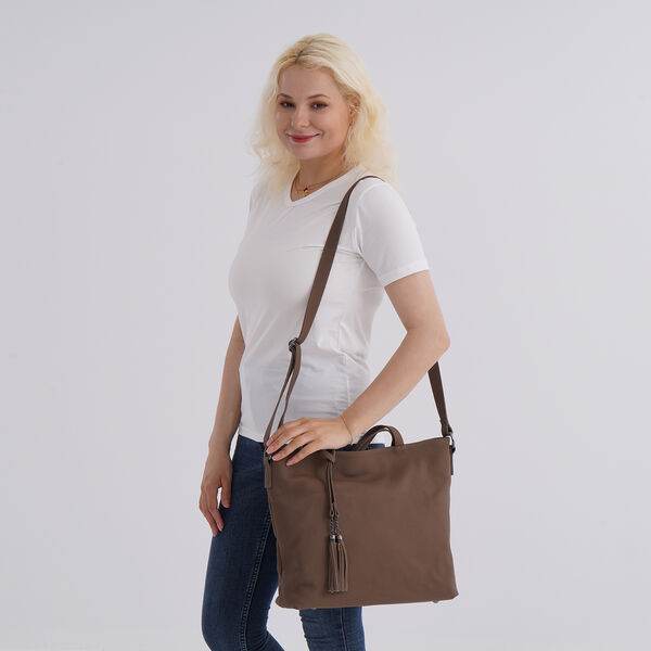 Echtleder-Tote-Bag mit Rei&szlig;verschlussfach hinten, Doppeltragegriff und Schulterriemen, 35x10x33 cm, Braun image number 1