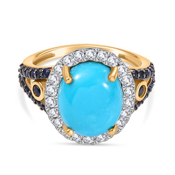 AAA amerikanischer nat&uuml;rlicher Sleeping Beauty T&uuml;rkis, blauer Saphir und Moissanit-Ring - 5,38 ct.