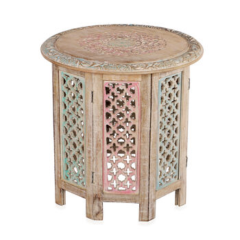 NAKKASHI - handgeschnitzter klappbarer Beistelltisch aus Mangoholz, 45x45 cm, wei&szlig; lackiert