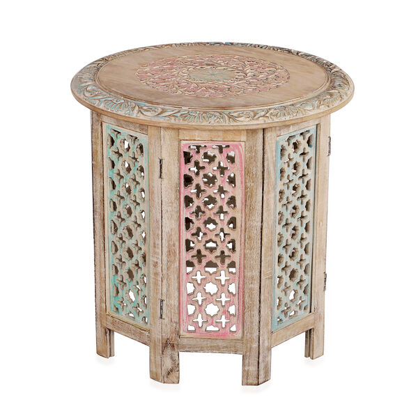 NAKKASHI - handgeschnitzter klappbarer Beistelltisch aus Mangoholz, 45x45 cm, wei&szlig; lackiert