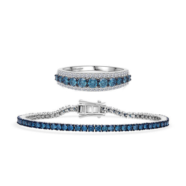 LUXURIANT SGL zertifiziertes SI-GH Labor blaues Diamant 19cm Armband und Ring