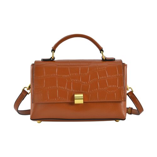 Cabrio Handtasche mit Krokoprägung aus echtem Leder, 25x8x15 cm, Braun image number 0