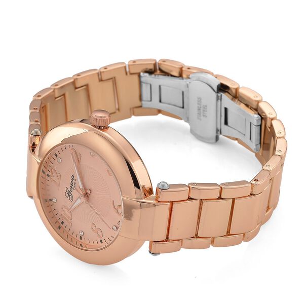GENOA TIME V2 Uhr mit Japanischem Miyota 2035 Werk, Zifferblatt Roségoldfarben mit Prägemuster und Weißen Kristallen, Edelstahlarmband Roségoldfarben, 3 ATM wasserdicht image number 5