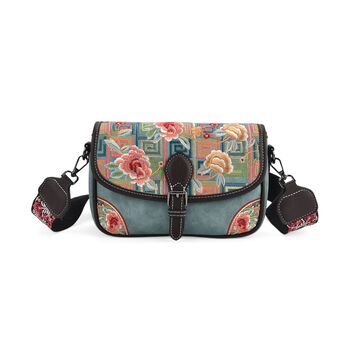 Bestickte Kunstleder Crossbody Tasche, Blumen Design, 22 x 8 x 16 cm, Blau