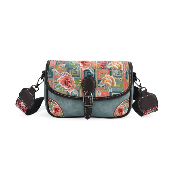 "PU Embroidered crossbody bag Color:Blue Size:22*8*16 cm   Wall: PU Lining: Polyester Exterior:zipped-2.pocket-1 Interior: zipped-1,slid-1" image number 0