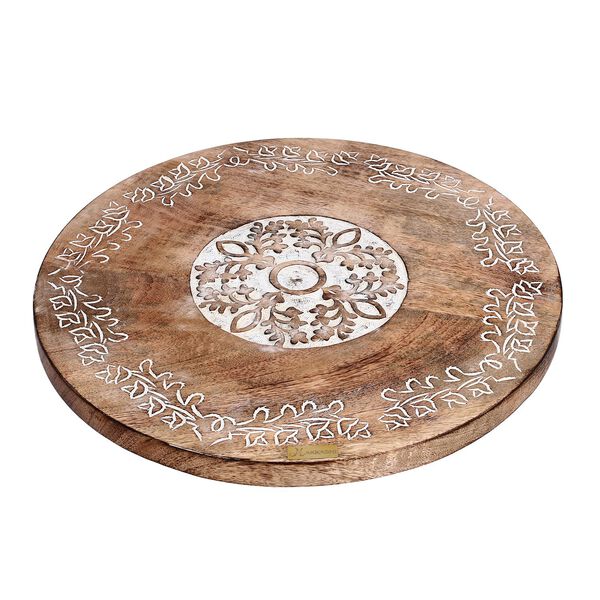 NAKKASHI - h&ouml;lzernes, handgeschnitztes und rotierendes Servier-Tablett, antikwei&szlig;