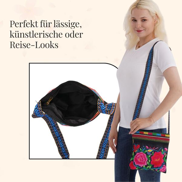 Crossbody-Tasche mit floraler Stickerei, ethnischem Boho-Muster, 23×24 cm, Schwarz-Bunt image number 4