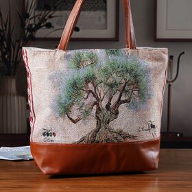 Schultertasche mit Baum-Motiv, 42x34x12cm, Gr&uuml;n