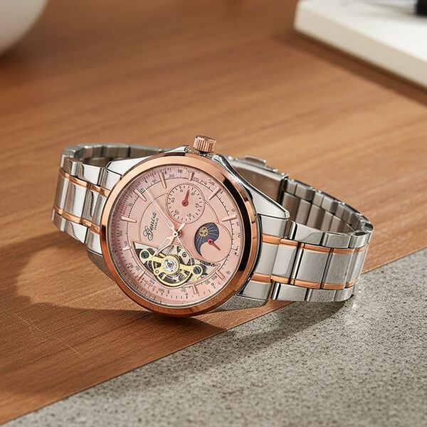 GENOA TIME V2 - Automatik-Armbanduhr, Mechanisches Uhrwerk, Edelstahlarmband, bicolor, Ros&eacute;farbenes Zifferblatt image number 2