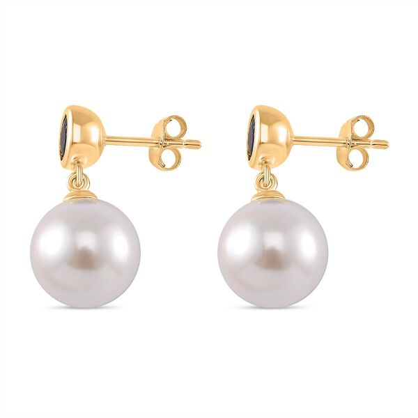 Weiße Muschelkernperle, Masoala Saphir (Fissure gefüllt) Ohrringe 925 Silber vergoldet image number 3