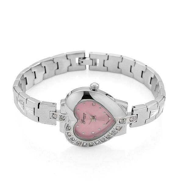 GENOA TIME - Herz-Armbanduhr Legierung, nickelfreies Messing, silberfarben, mit wei&szlig;en Kristallen, Zifferblatt Rosa-Sunshine, 3 ATM wasserdicht image number 5