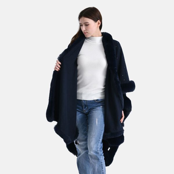 LA MAREY - Poncho mit Kunstfellbesatz und Kristall-Detail, Blau, Einheitsgr&ouml;&szlig;e image number 5