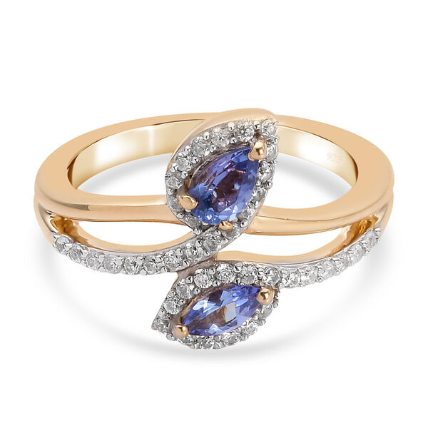 AA Tansanit und Zirkon Bypass Ring 925 Silber vergoldet  ca. 0,84 ct