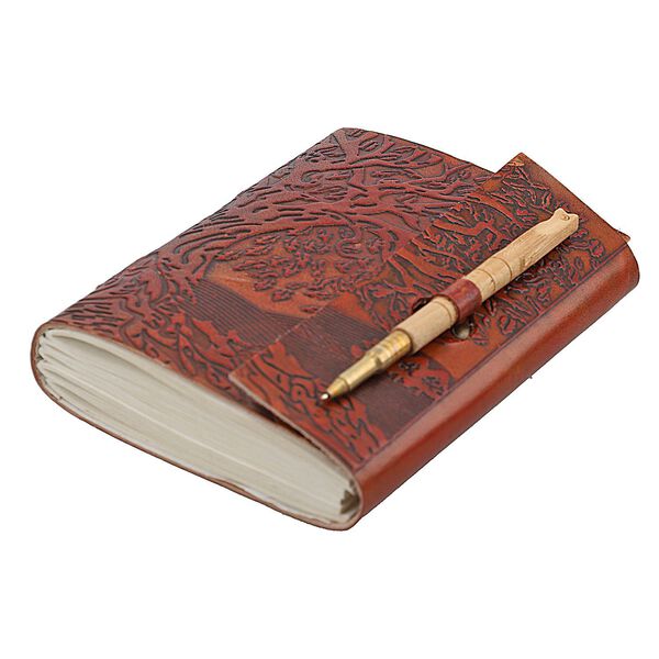 Handgefertigtes Lebensbaum-Journal aus 100% echtem Leder mit Holzstift, rot