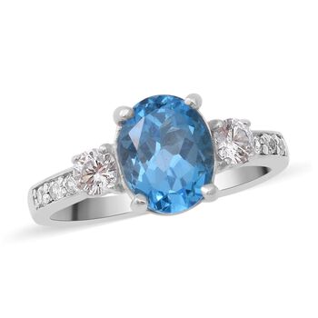 Schweizer Blautopas und wei&szlig;er Zirkon-Ring, 925 Silber platiniert (Gr&ouml;&szlig;e 16.00) ca. 3,06 ct