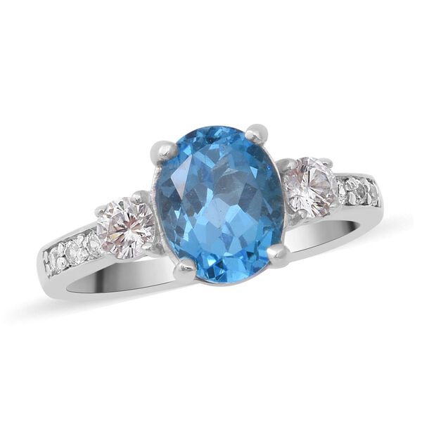 Schweizer Blautopas und wei&szlig;er Zirkon-Ring, 925 Silber platiniert  ca. 3,06 ct