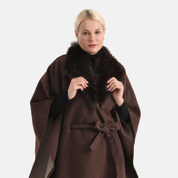LA MAREY - Poncho mit Kunstfellkragen und Gürtel, One Size, Braun image number 5