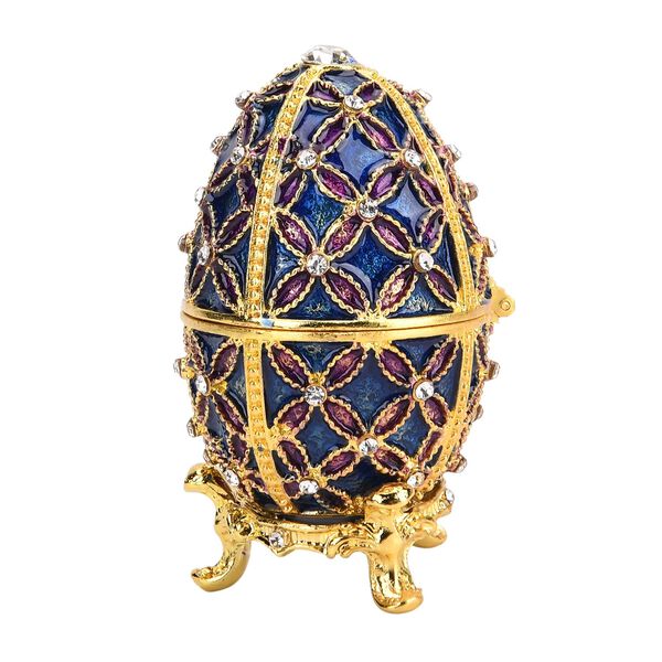 Handgemachte Ei-förmige Schmuckdose mit Blumenverzierung, aus Metall und Kristall, magnetischer Verschluss, 4x7 cm, Blau image number 3