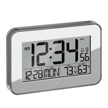 CLOSE OUT DEAL MARATHON Designer Atom-Wanduhr mit Temperatur, Luftfeuchtigkeitsanzeige, Kalender, Alarm und Schlummerfunktion, Silber