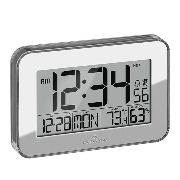 CLOSE OUT DEAL MARATHON Designer Atom-Wanduhr mit Temperatur, Luftfeuchtigkeitsanzeige, Kalender, Alarm und Schlummerfunktion, Silber