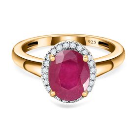 Afrikanischer Rubin (Fissure gefüllt), Weißer Diamant Ring, 925 Silber Gelbgold Vermeil (Größe 17.00) ca. 2.69 ct