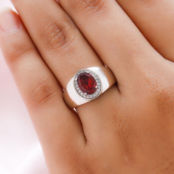 Roter Granat und wei&szlig;er Zirkon-Ring, reines Messing platiniert (Gr&ouml;&szlig;e 20.00) ca. 1,57 ct