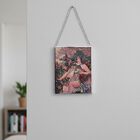 Handbemalter Glas Suncatcher mit Kette, silberfarbenem Rahmen, Alphonse Mucha Motiv Herbst, 12x15 cm