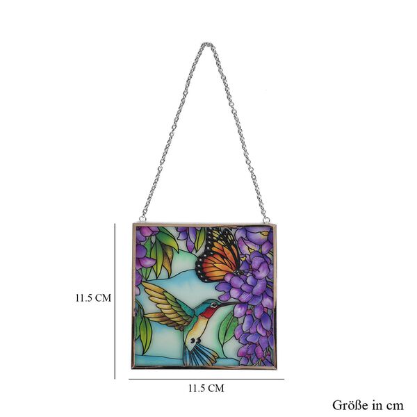 Handbemalter Glas-Sonnenfänger, Blumen-und-Vogel-Design, 11,5×11,5cm, Mehrfarbig image number 6