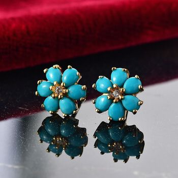 D'Joy AA Sleeping Beauty T&uuml;rkis, Wei&szlig;er Zirkon Ohrringe 925 Silber 750 Gelb Vergoldet ca. 1.86 ct