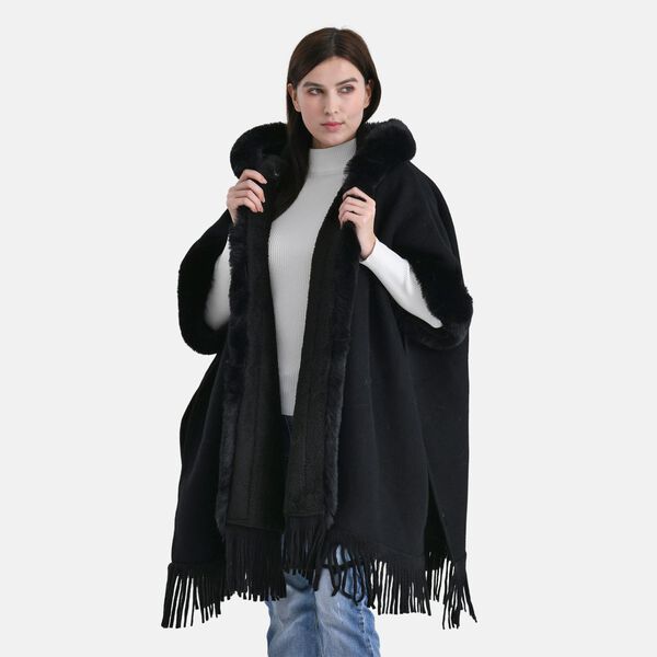 LA MAREY - Poncho aus Webpelz mit Fransen und Fleecefutter, Einheitsgröße, Schwarz image number 4
