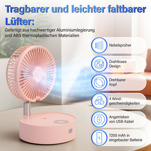 Kabelloser, faltbarer Ventilator mit integriertem Luftbefeuchter, USB-Anschluss, Rosa image number 1