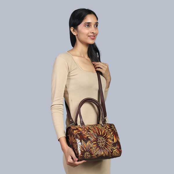 Handbemalte Leder Crossbody Tasche, 31.9 x 6.35 x 19.4 cm, Braun image number 3