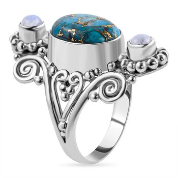Sajen Silver - Blauer Mojave T&uuml;rkis und Regenbogen Mondstein-Ring - 5,72 ct.