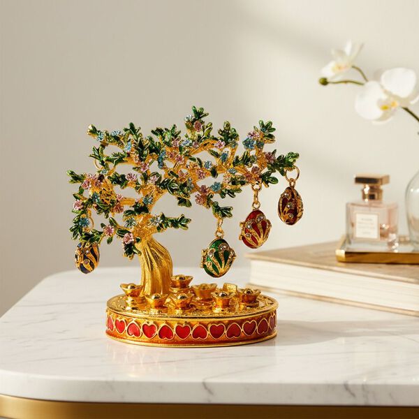 Eleganter goldfarbener Schmuckhalter in Baumform mit rosa Kristallen und dekorativen eif&ouml;rmigen Anh&auml;ngern, Gr&ouml;&szlig;e 8,5x4,5x9cm - Gr&uuml;n image number 1