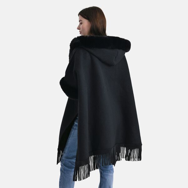 LA MAREY - Poncho aus Webpelz mit Fransen und Fleecefutter, Einheitsgröße, Schwarz image number 2