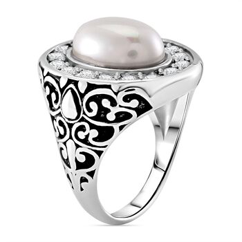 Wei&szlig;er Zirkonia, Wei&szlig;e Muschelkernperle Ring Reiner Edelstahl (Gr&ouml;&szlig;e 16.00)