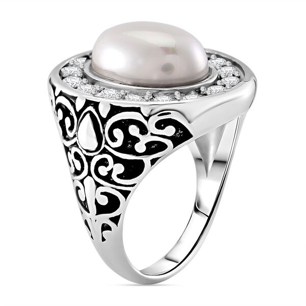 Weißer Zirkonia, Weiße Muschelkernperle Ring Reiner Edelstahl (Größe 16.00) image number 3