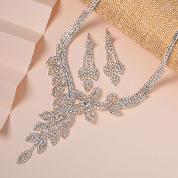 2er Set - Wei&szlig;er Kristall Halskette und Ohrringe Schmuckset, Messing