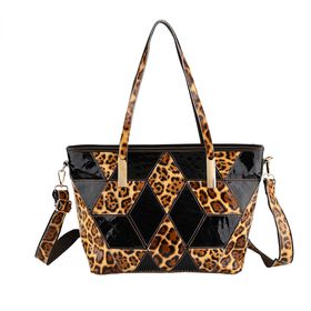 "Chaos by Elsie Genuine Leather Tote bag with RFID Color:black with brown leopard  Embossed crocdile shining rhomboid pattern Size:30*14*27cm           Wall: Genuine Leather Lining: Polyester                Exterior:zipped-2, Interior:zipped-2 , slip-2